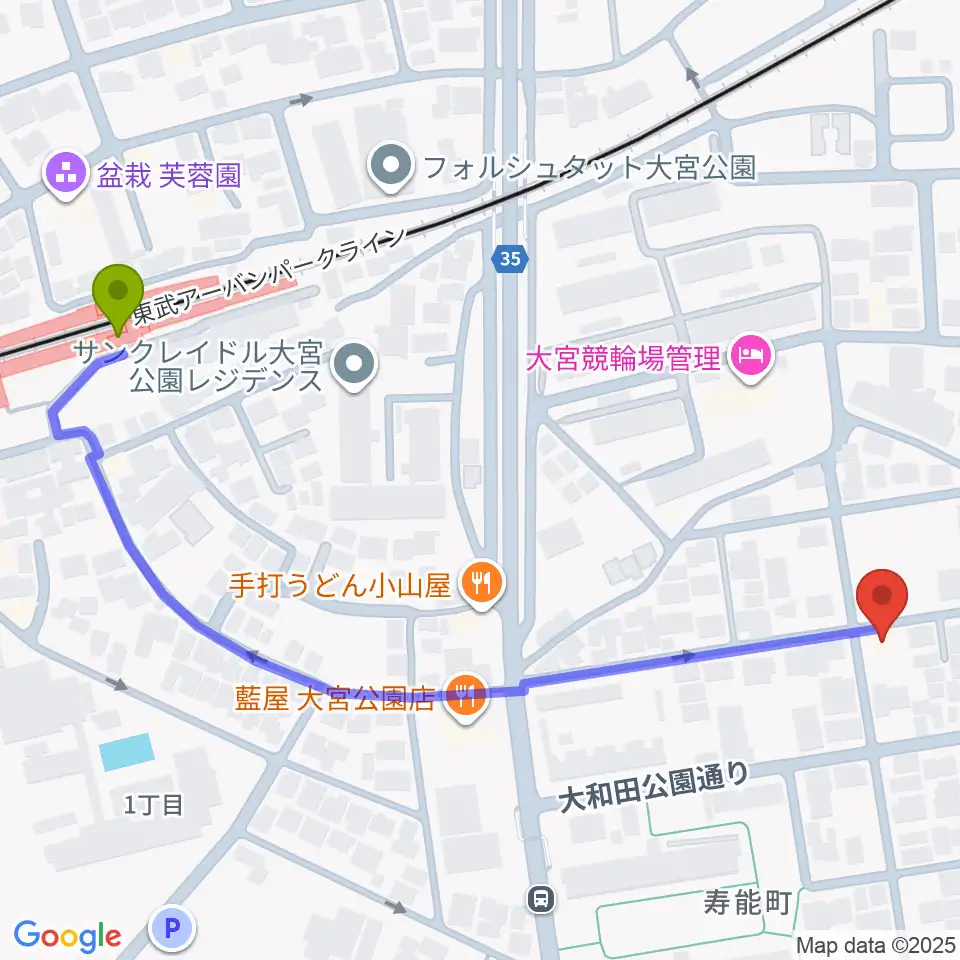 バッハアカデミーの最寄駅大宮公園駅からの徒歩ルート（約7分）地図