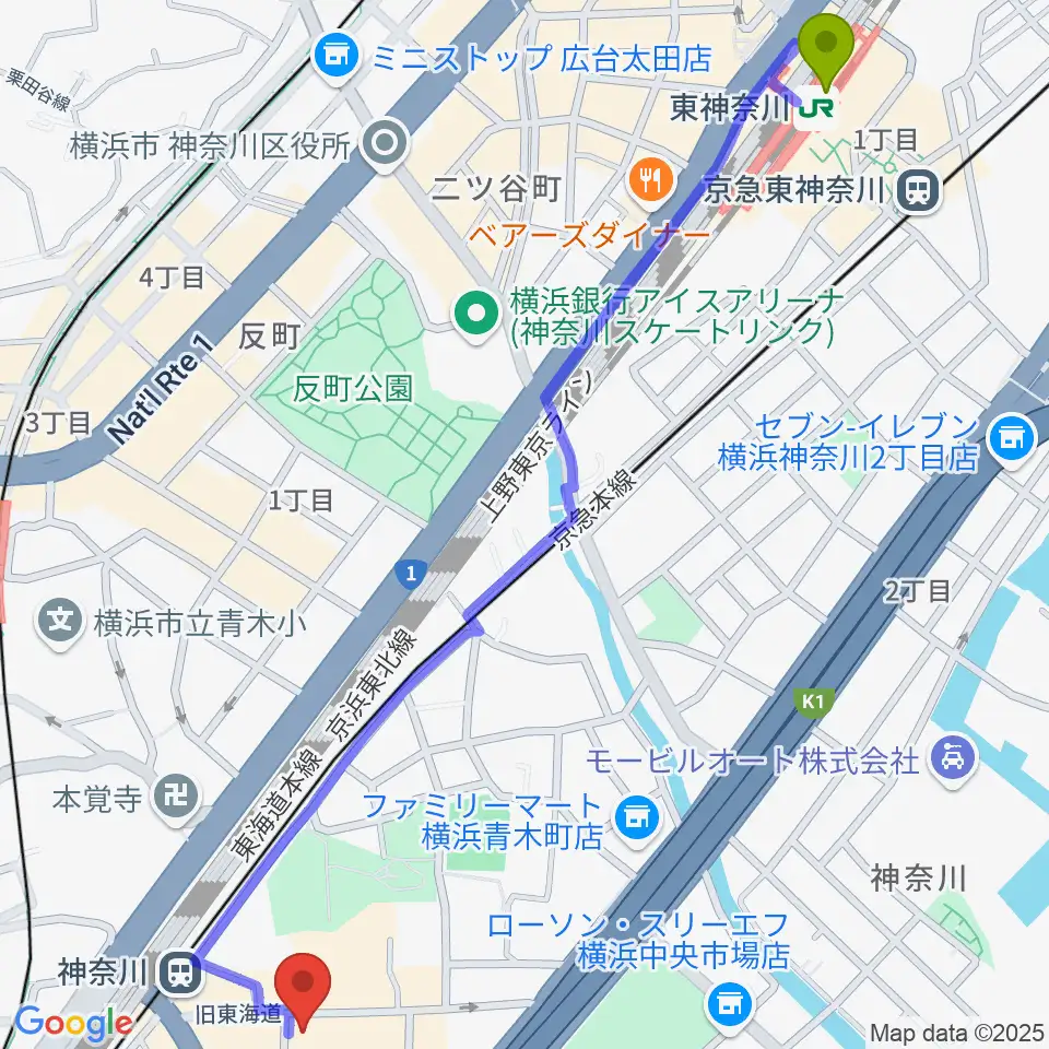 東神奈川駅からラフィネ横浜ピアノスタジオへのルートマップ地図