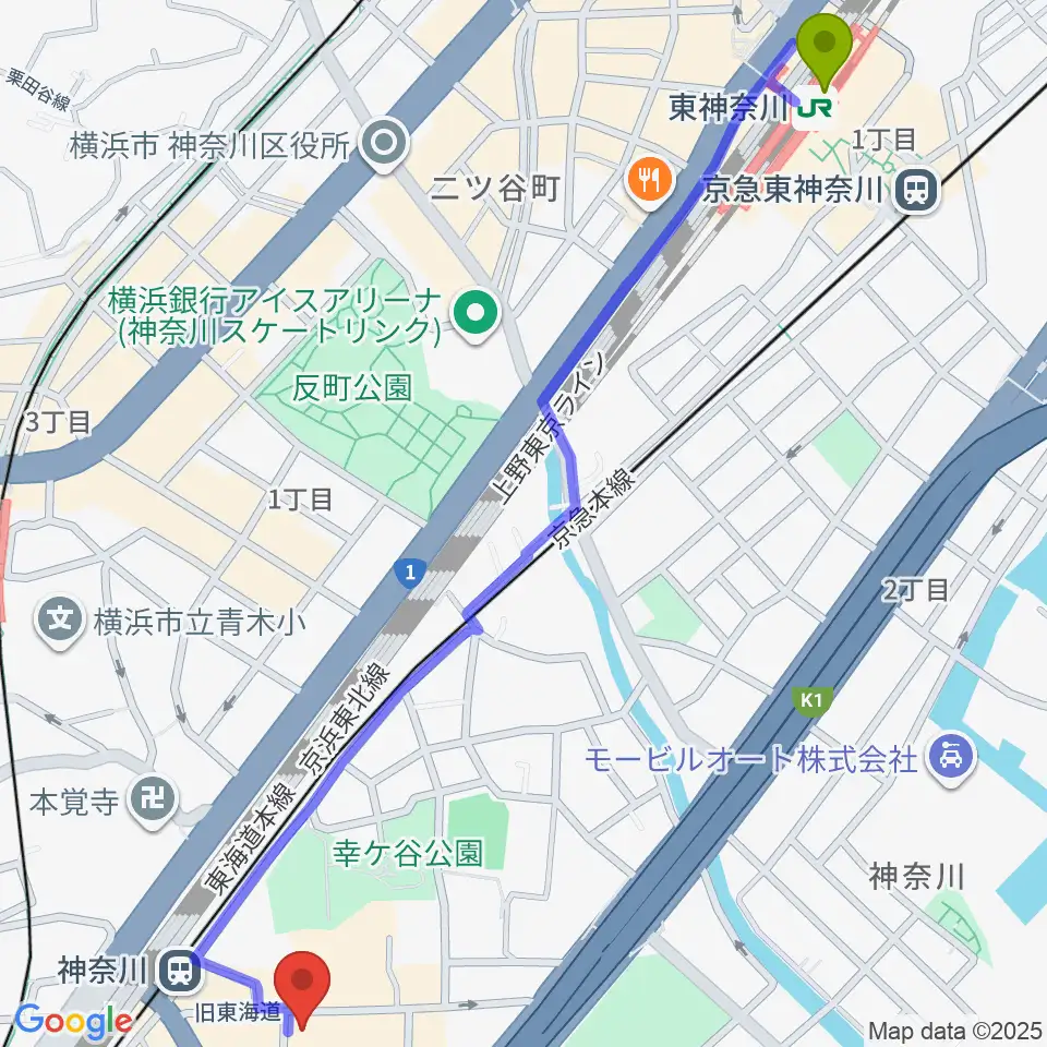 東神奈川駅からラフィネ横浜ピアノスタジオへのルートマップ地図