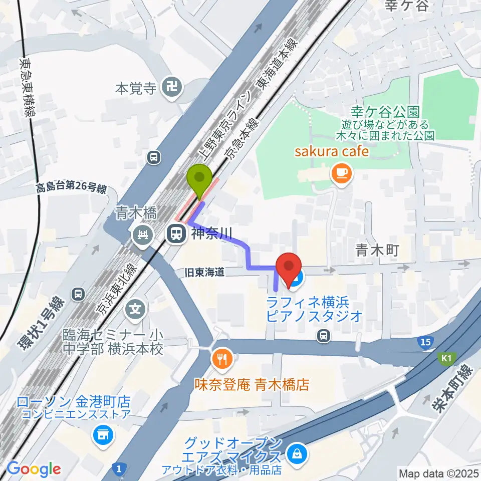 ラフィネ横浜ピアノスタジオの最寄駅神奈川駅からの徒歩ルート（約2分）地図