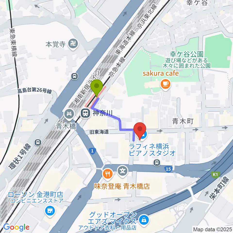 ラフィネ横浜ピアノスタジオの最寄駅神奈川駅からの徒歩ルート（約2分）地図