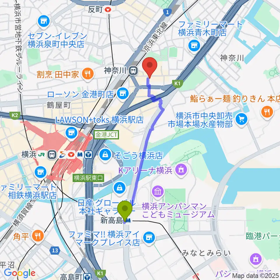 新高島駅からラフィネ横浜ピアノスタジオへのルートマップ地図
