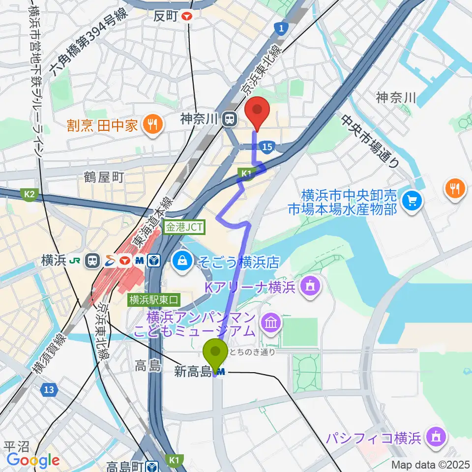 新高島駅からラフィネ横浜ピアノスタジオへのルートマップ地図