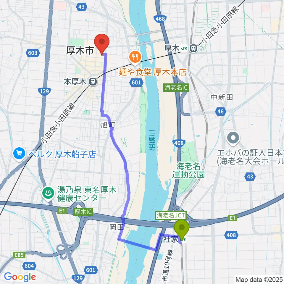 社家駅からあつぎ市民交流プラザへのルートマップ地図