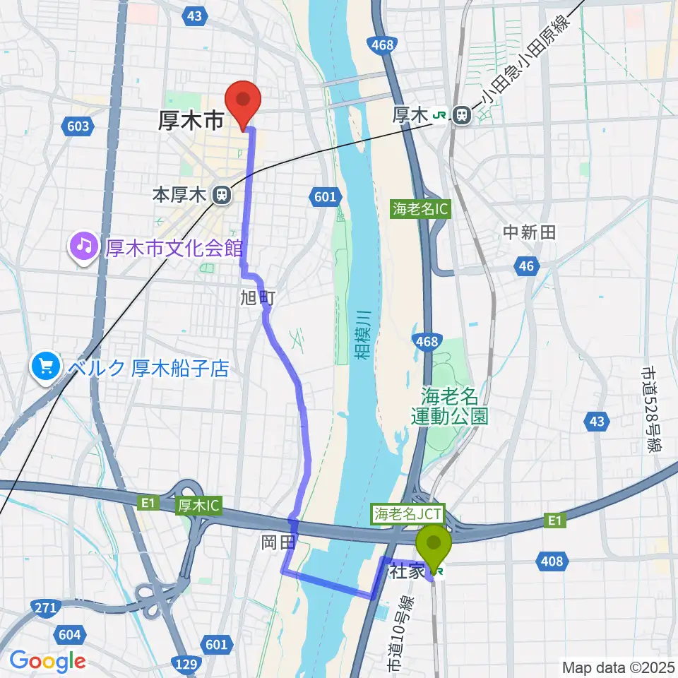 社家駅からあつぎ市民交流プラザへのルートマップ地図