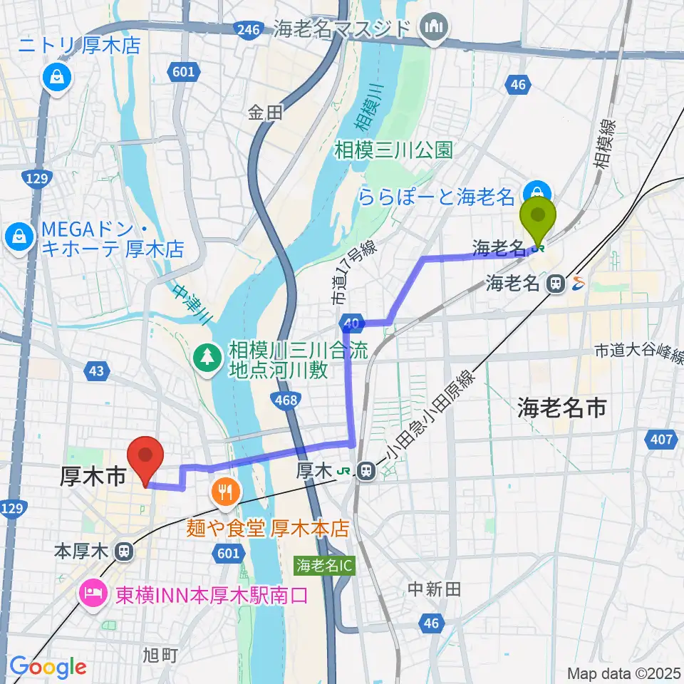 海老名駅からあつぎ市民交流プラザへのルートマップ地図