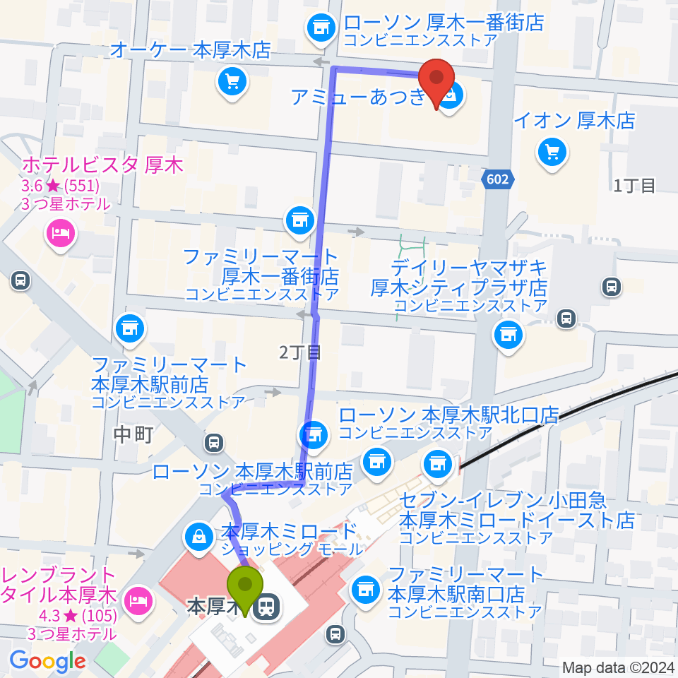 あつぎ市民交流プラザの最寄駅本厚木駅からの徒歩ルート（約6分）地図