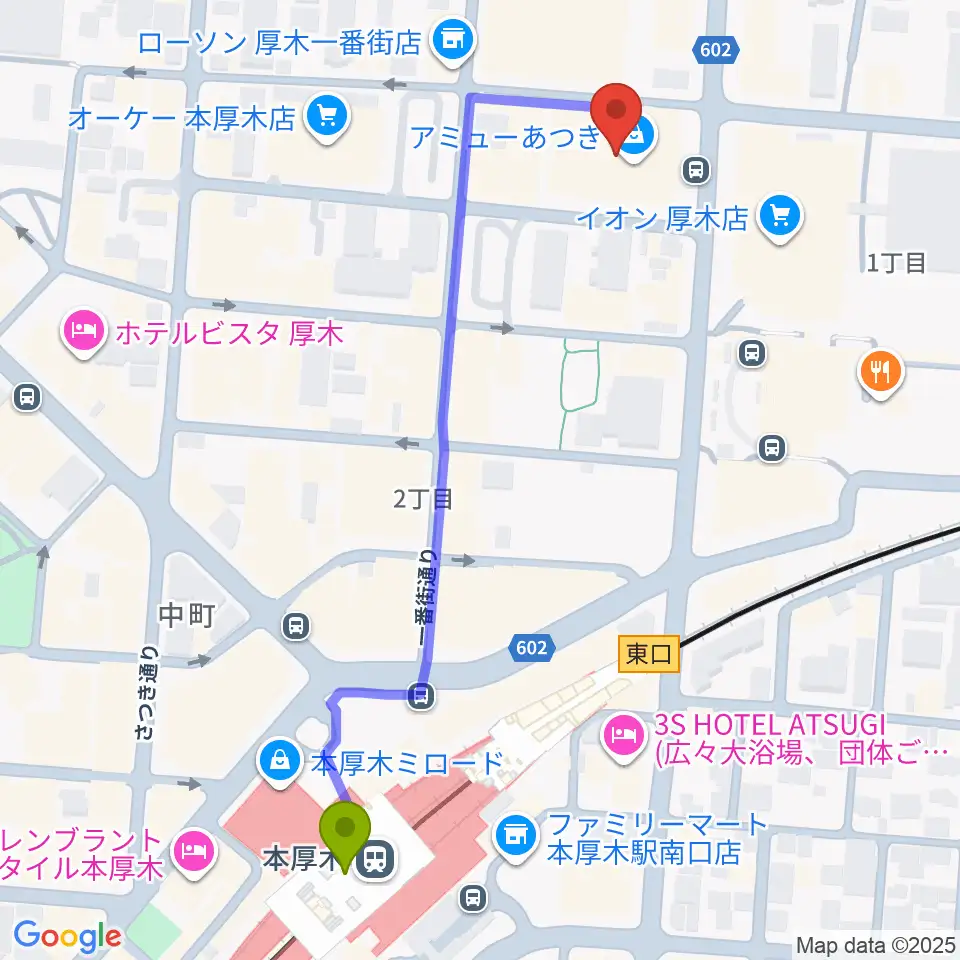 あつぎ市民交流プラザの最寄駅本厚木駅からの徒歩ルート（約6分）地図