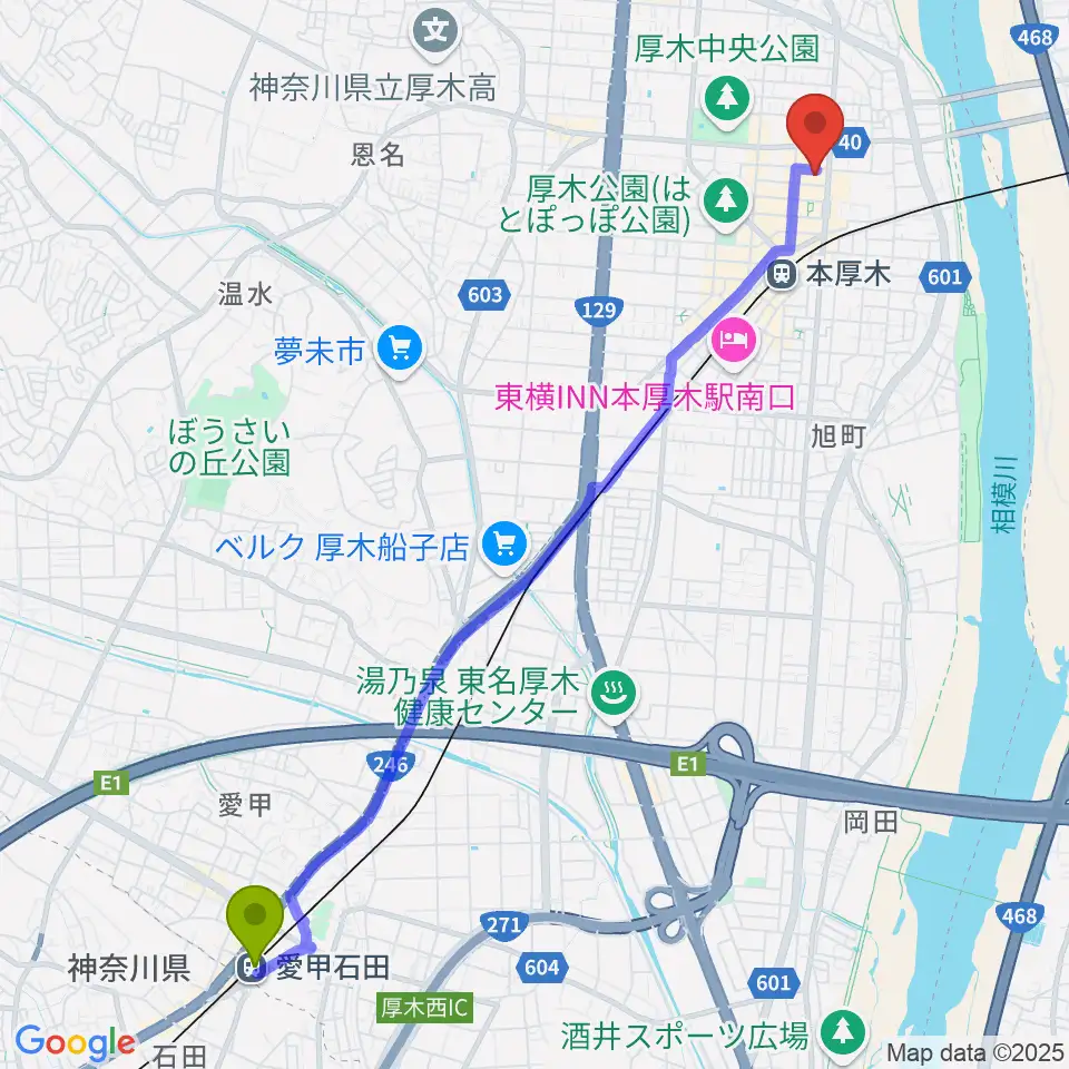 愛甲石田駅からあつぎ市民交流プラザへのルートマップ地図