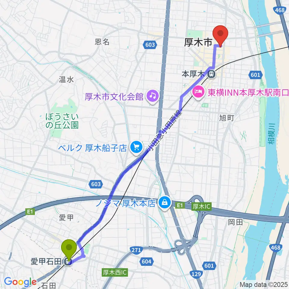愛甲石田駅からあつぎ市民交流プラザへのルートマップ地図