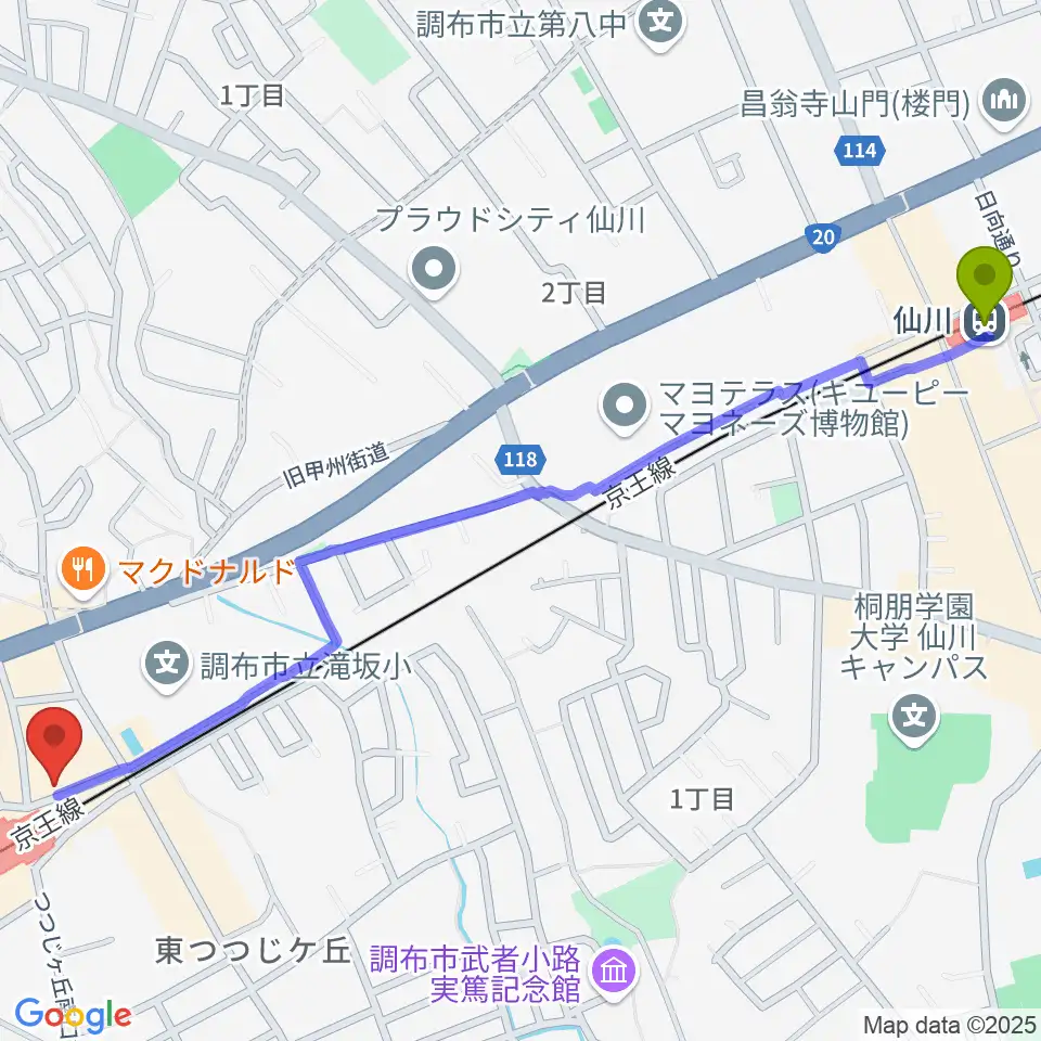 仙川駅からプリーマ・トーン音楽教室へのルートマップ地図