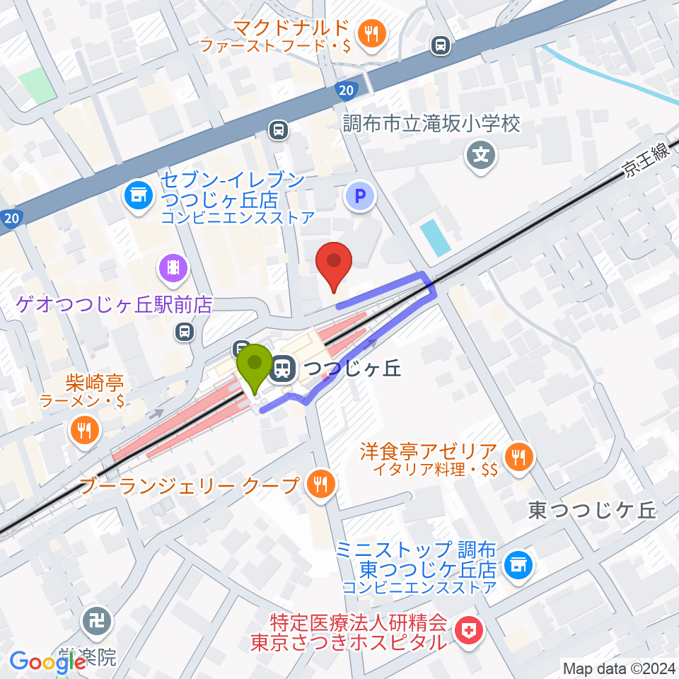 プリーマ・トーン音楽教室の最寄駅つつじヶ丘駅からの徒歩ルート（約1分）地図