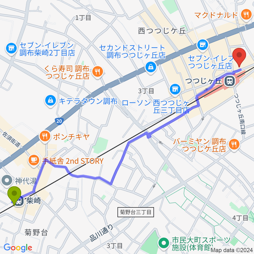 柴崎駅からプリーマ・トーン音楽教室へのルートマップ地図