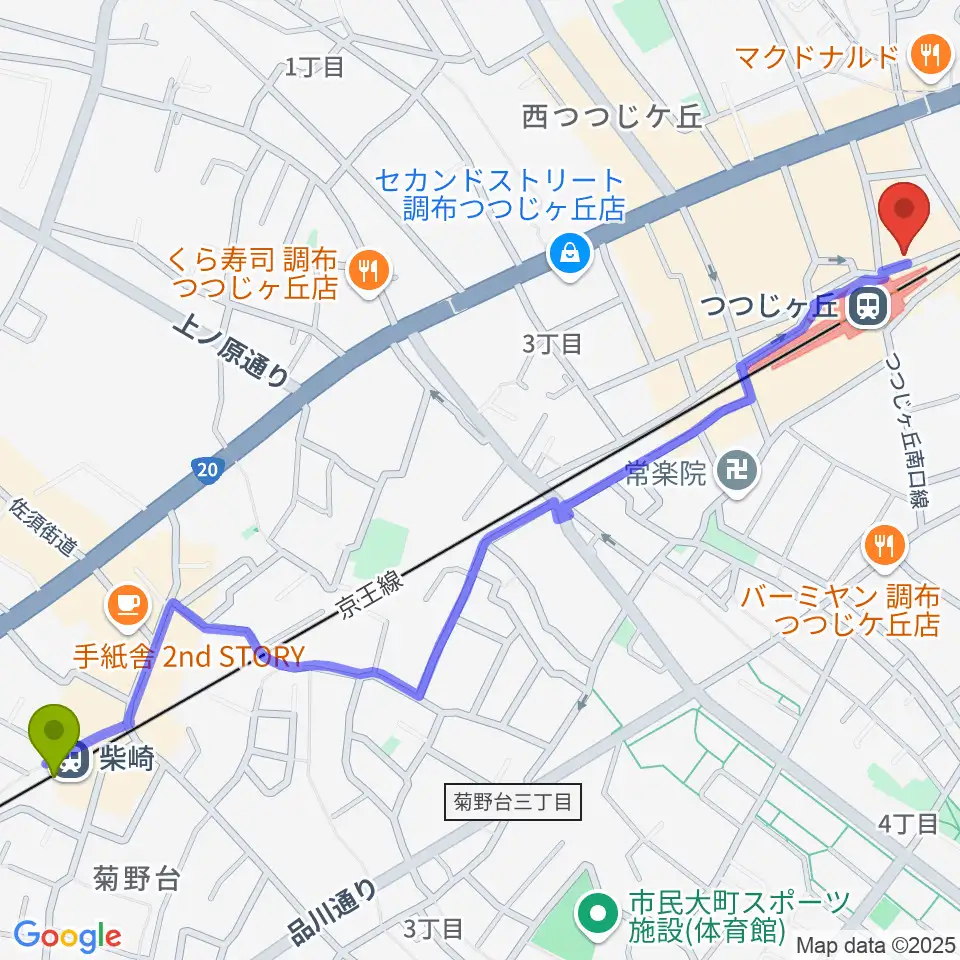 柴崎駅からプリーマ・トーン音楽教室へのルートマップ地図
