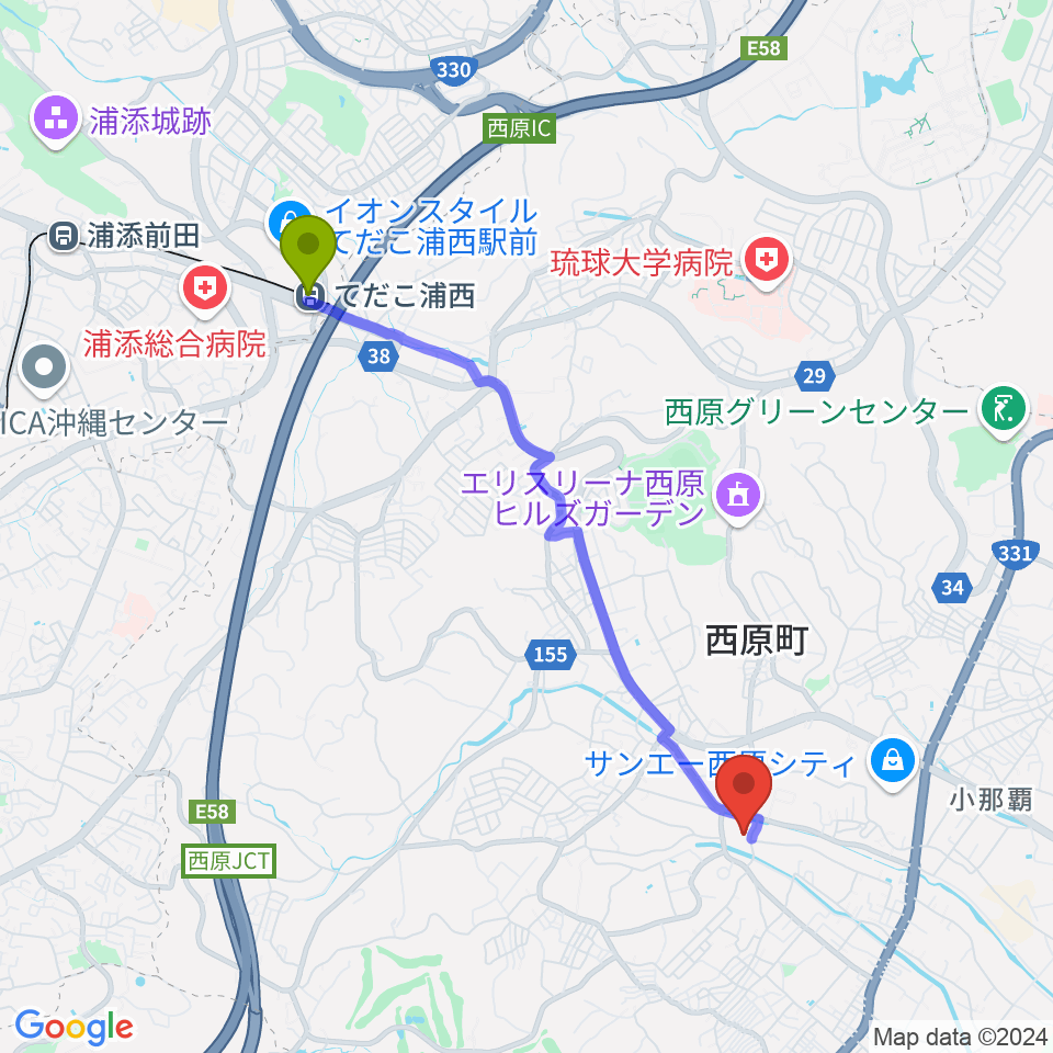 西原町町民交流センター・さわふじ未来ホールの最寄駅てだこ浦西駅からの徒歩ルート（約45分）地図