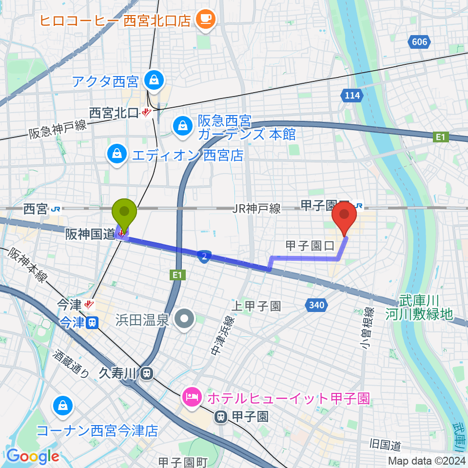 阪神国道駅から甲子園口アンクルジャムへのルートマップ地図