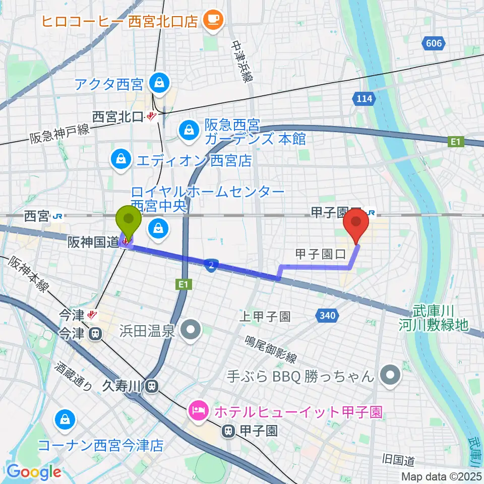 阪神国道駅から甲子園口アンクルジャムへのルートマップ地図