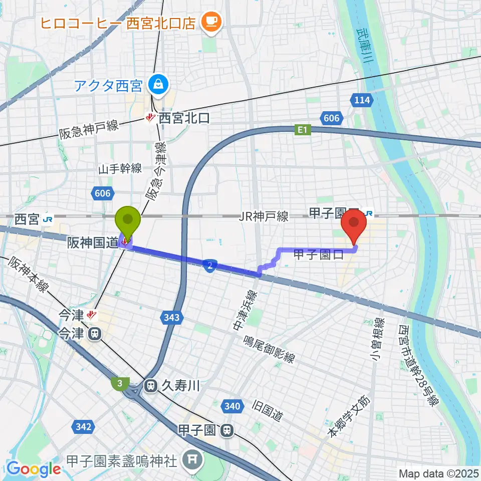 阪神国道駅から甲子園口アンクルジャムへのルートマップ地図