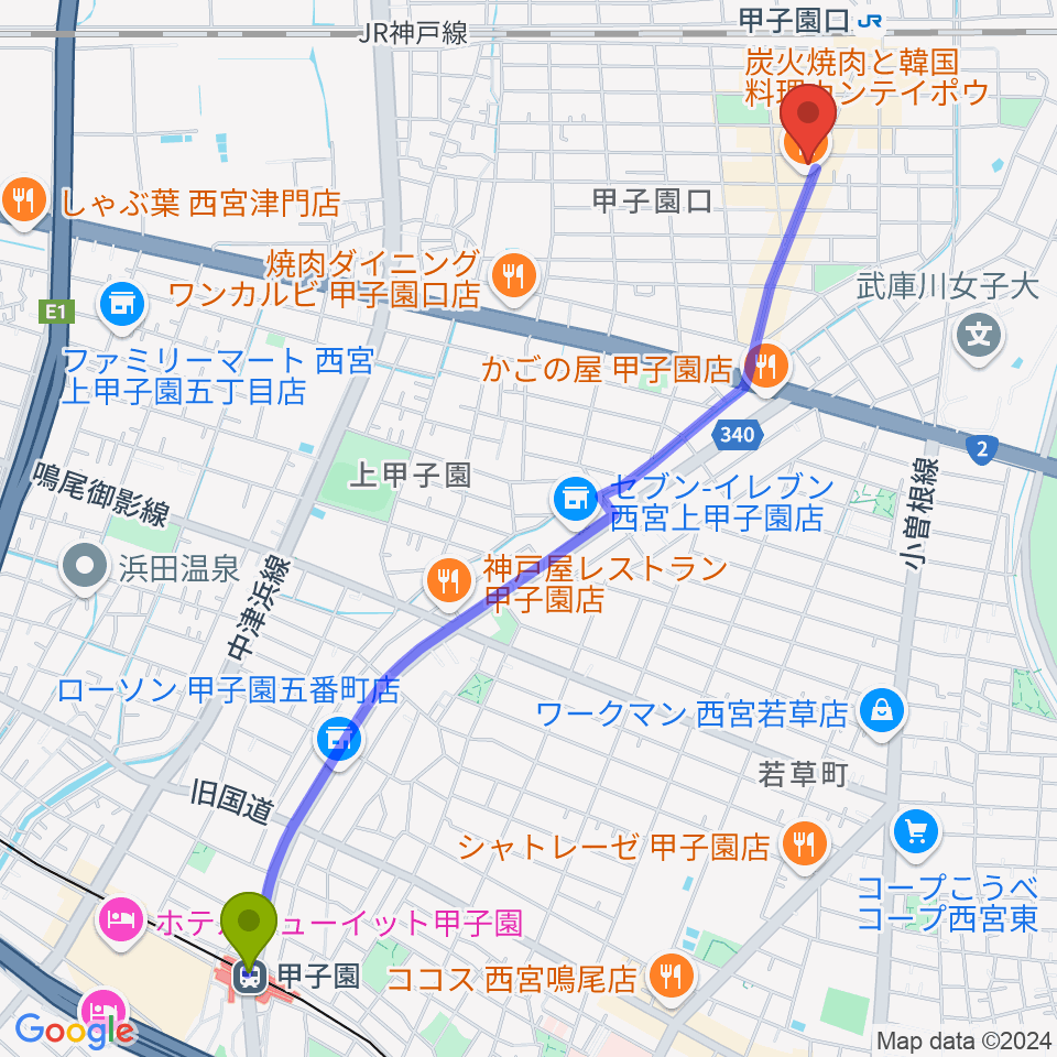 甲子園駅から甲子園口アンクルジャムへのルートマップ地図