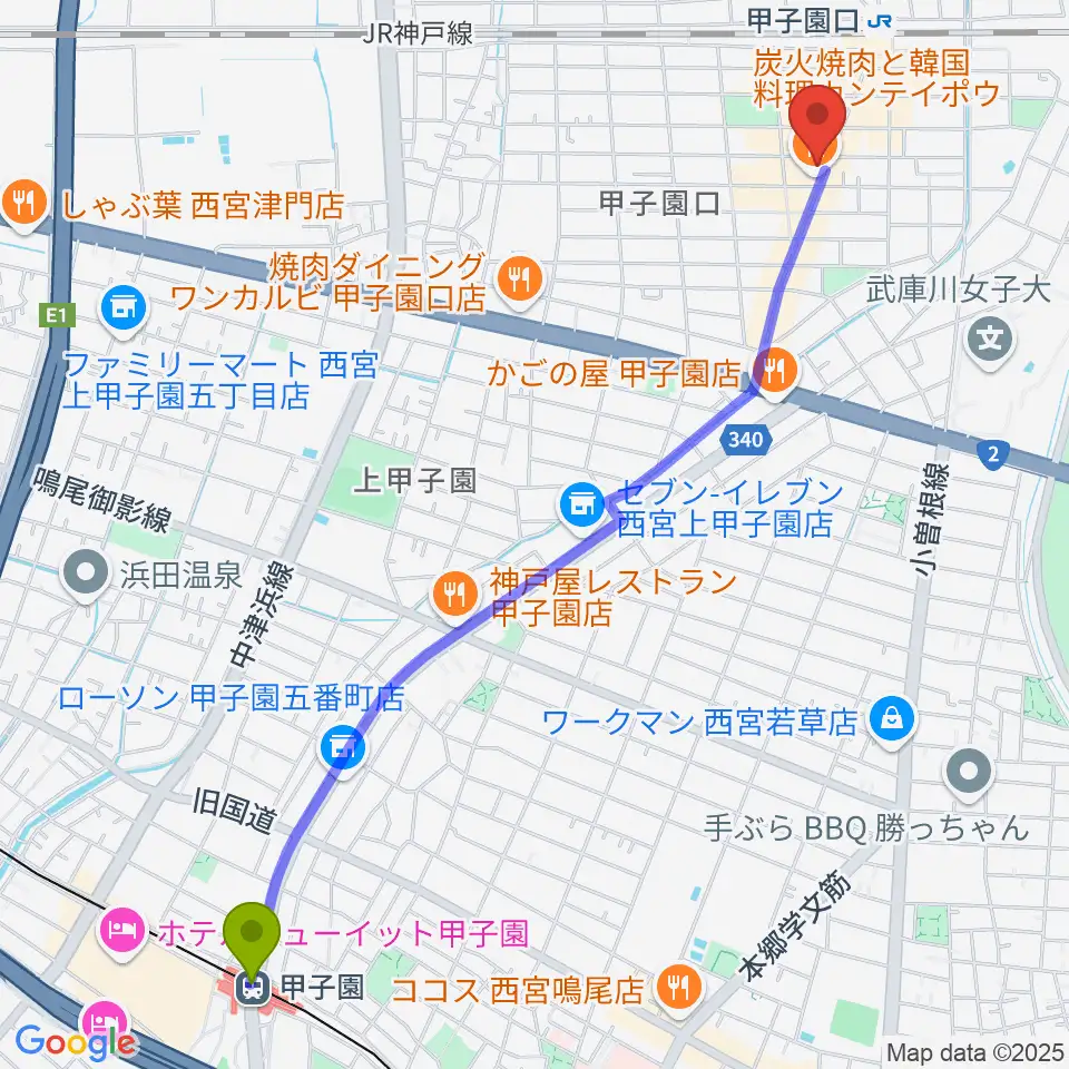 甲子園駅から甲子園口アンクルジャムへのルートマップ地図