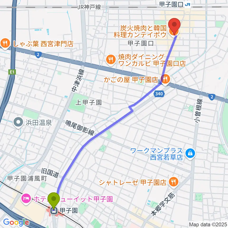 甲子園駅から甲子園口アンクルジャムへのルートマップ地図