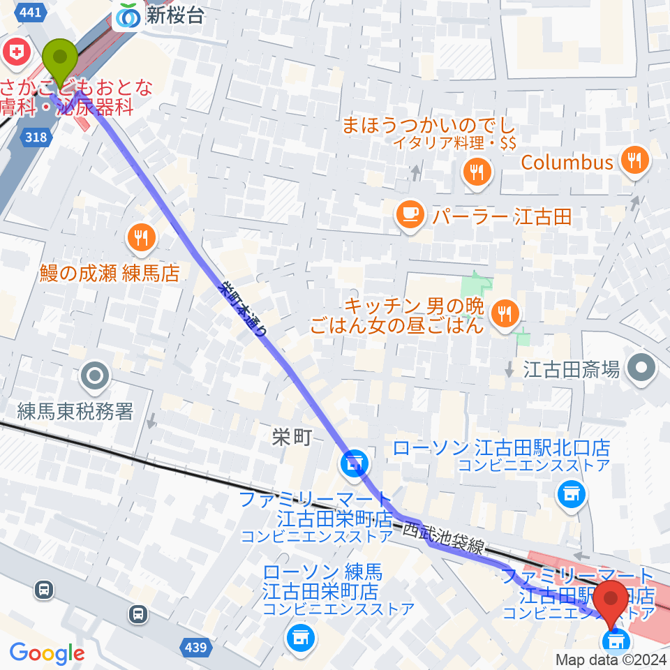 新桜台駅から江古田BUDDYへのルートマップ地図