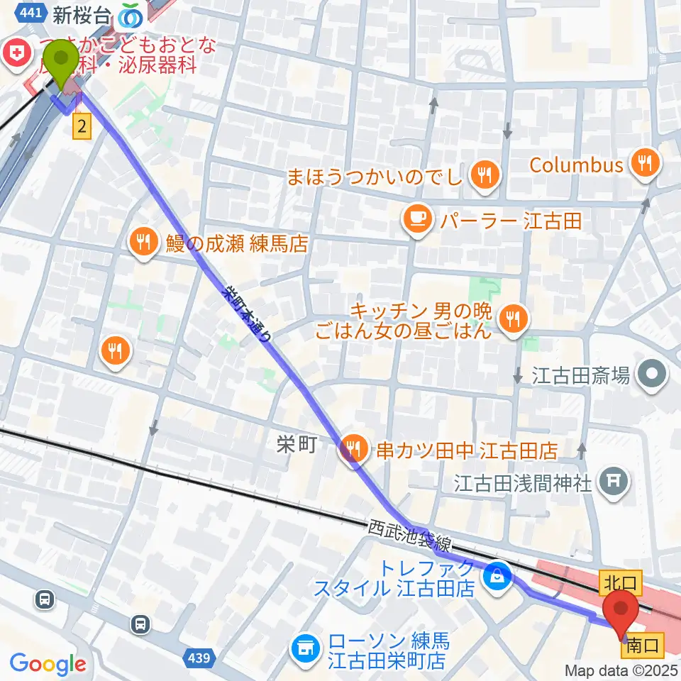 新桜台駅から江古田BUDDYへのルートマップ地図