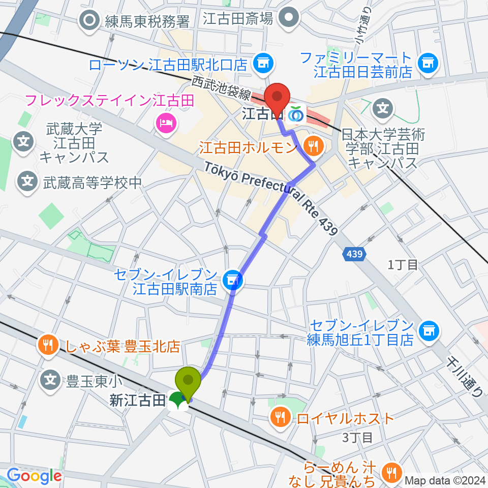 新江古田駅から江古田BUDDYへのルートマップ地図