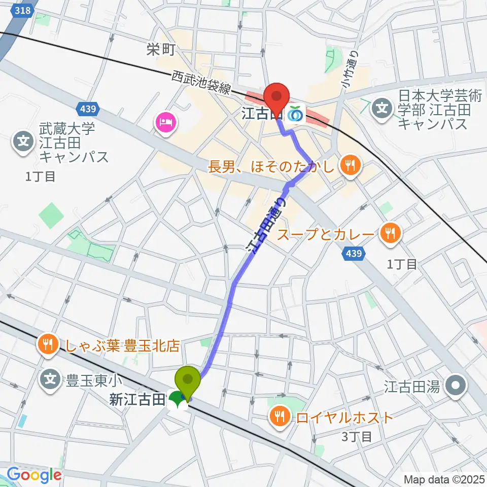 新江古田駅から江古田BUDDYへのルートマップ地図