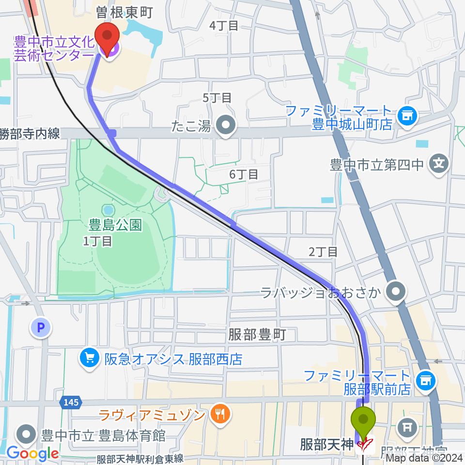 服部天神駅から豊中市立文化芸術センターへのルートマップ地図