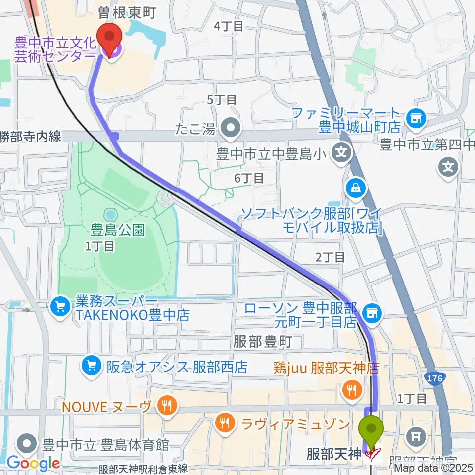 服部天神駅から豊中市立文化芸術センターへのルートマップ地図