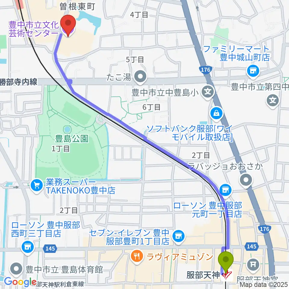服部天神駅から豊中市立文化芸術センターへのルートマップ地図