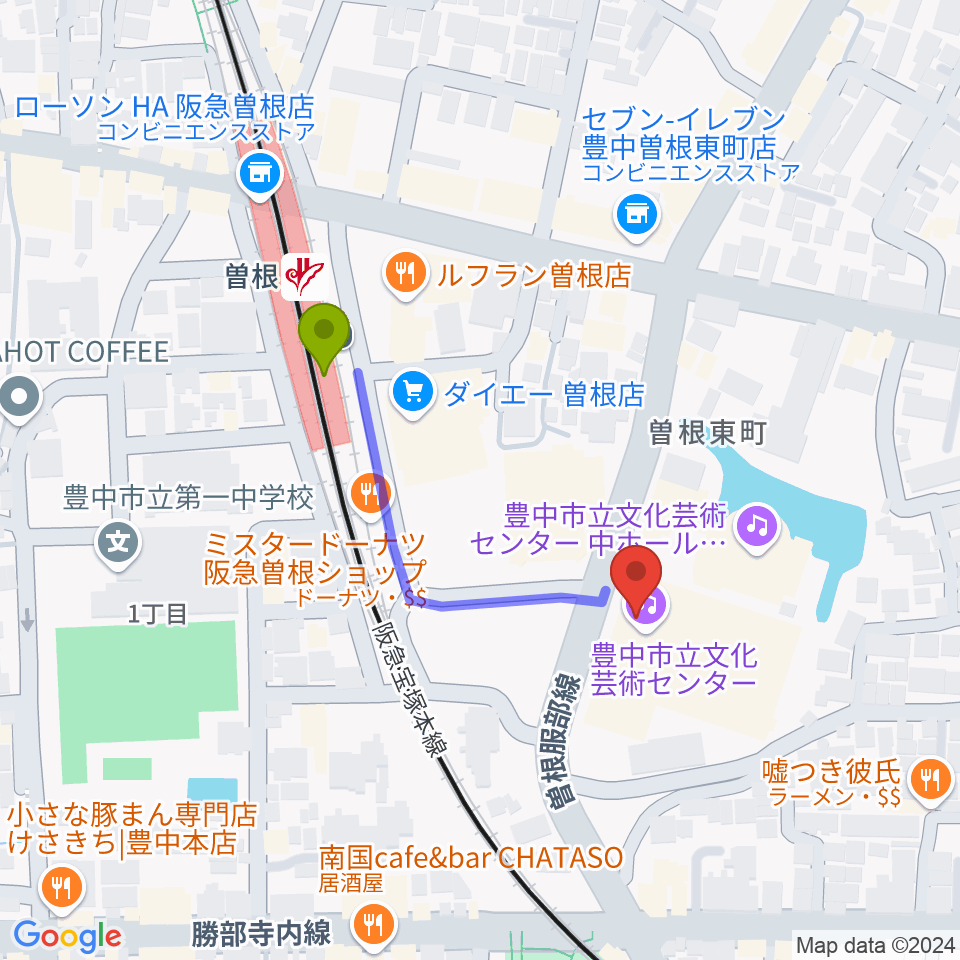 豊中市立文化芸術センターの最寄駅曽根駅からの徒歩ルート（約3分）地図