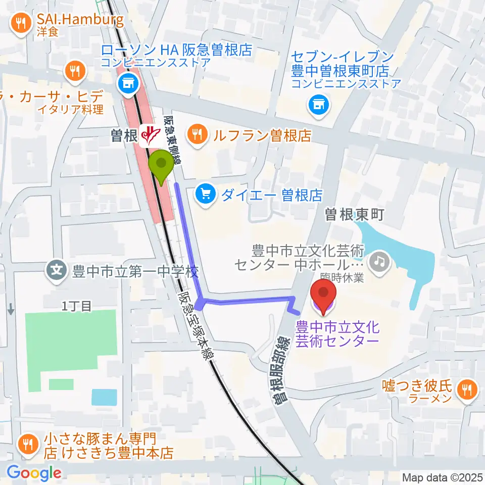 豊中市立文化芸術センターの最寄駅曽根駅からの徒歩ルート（約3分）地図