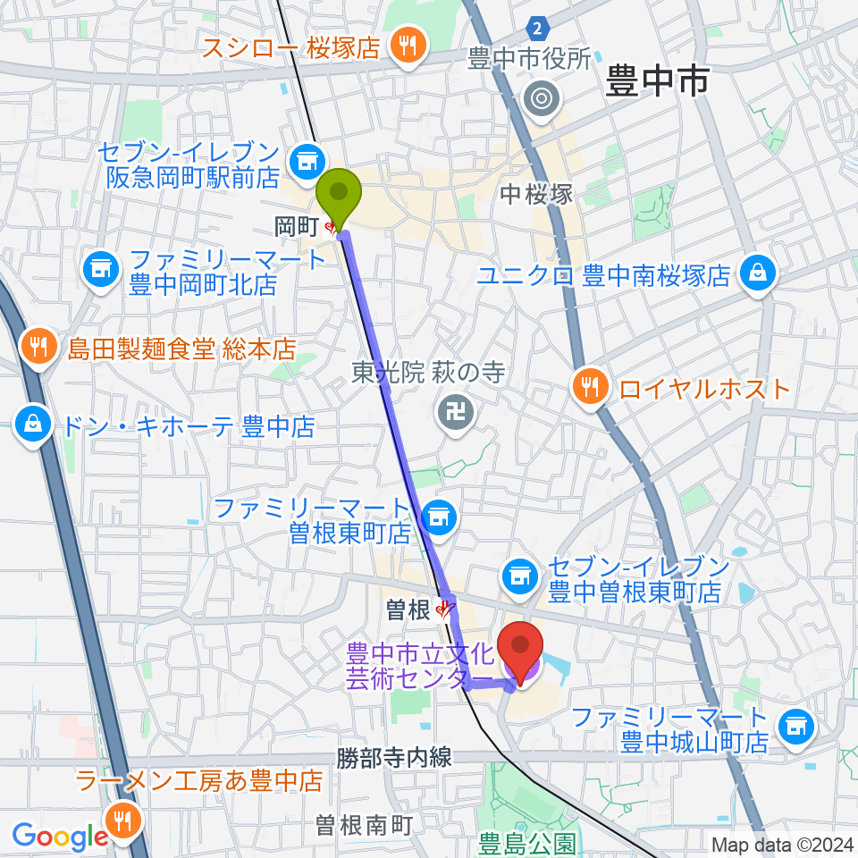 岡町駅から豊中市立文化芸術センターへのルートマップ地図