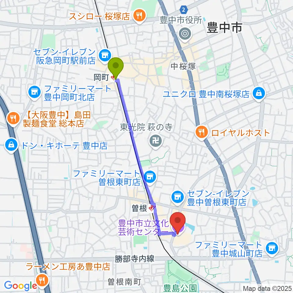 岡町駅から豊中市立文化芸術センターへのルートマップ地図