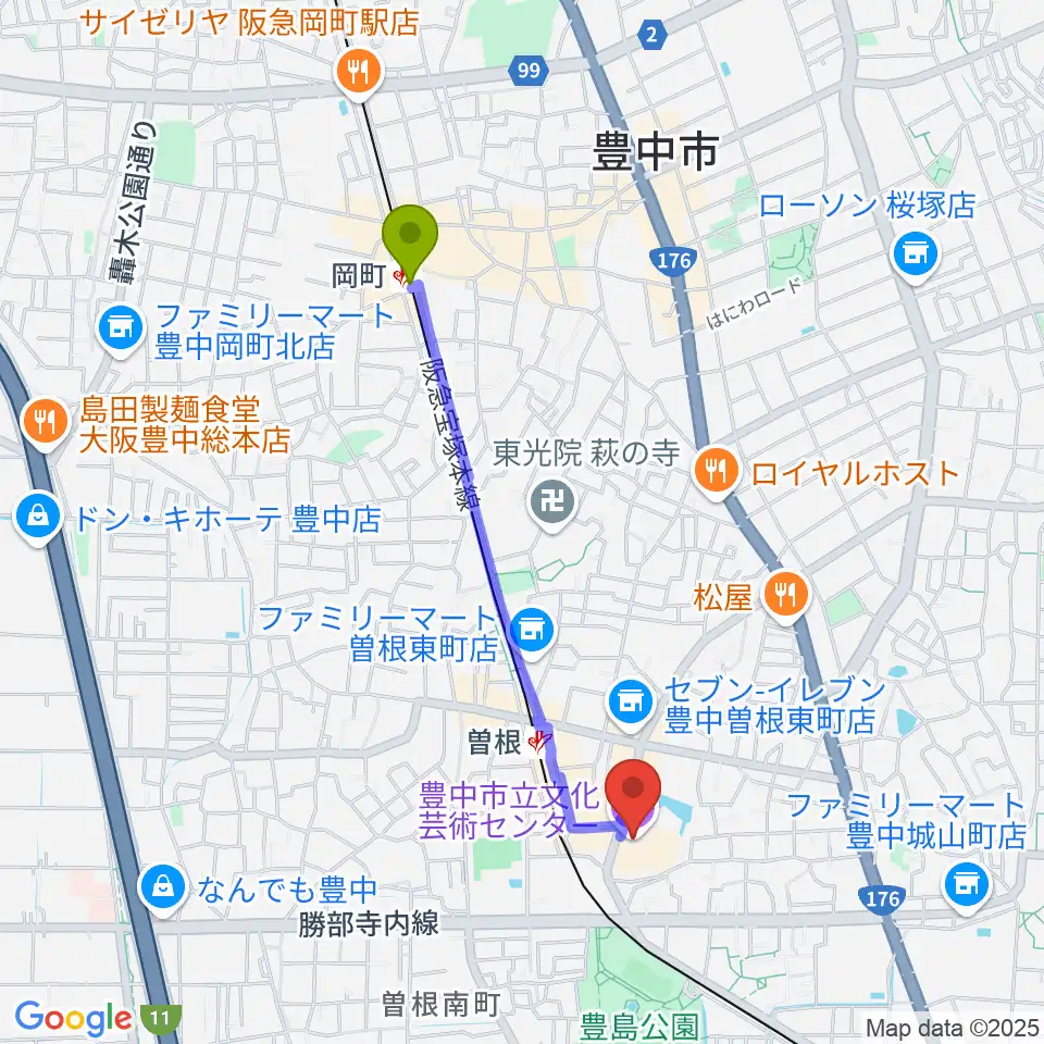 岡町駅から豊中市立文化芸術センターへのルートマップ地図