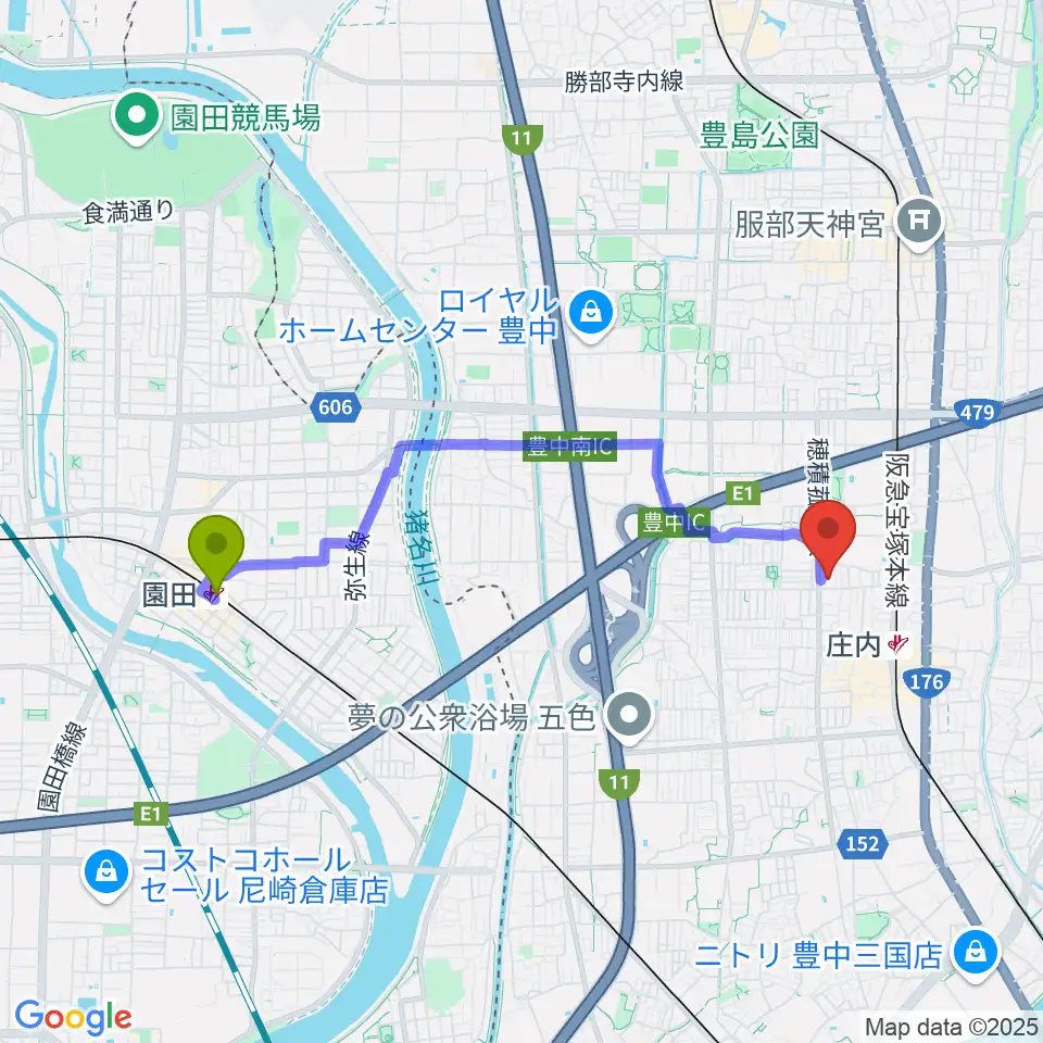園田駅から大阪音楽大学 ザ・カレッジ・オペラハウスへのルートマップ地図