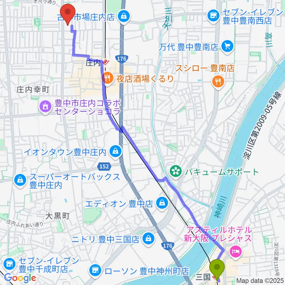 三国駅から大阪音楽大学 ザ・カレッジ・オペラハウスへのルートマップ地図