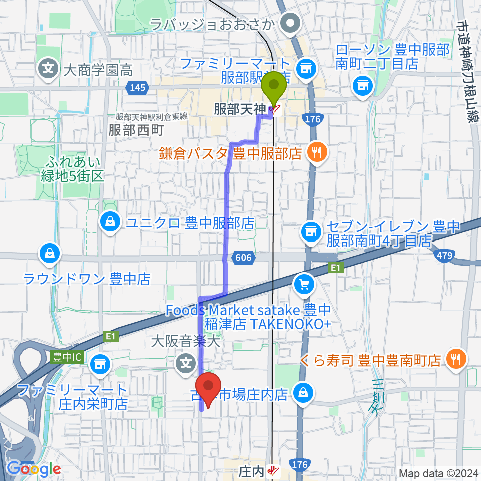 服部天神駅から大阪音楽大学 ザ・カレッジ・オペラハウスへのルートマップ地図