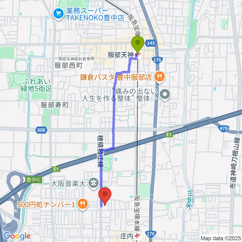 服部天神駅から大阪音楽大学 ザ・カレッジ・オペラハウスへのルートマップ地図