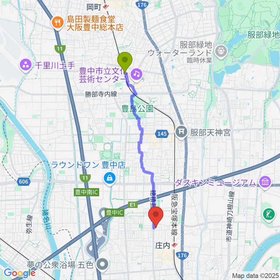 曽根駅から大阪音楽大学 ザ・カレッジ・オペラハウスへのルートマップ地図