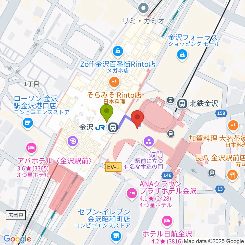 金沢駅東もてなしドーム地下広場の最寄駅金沢駅からの徒歩ルート（約1分）地図