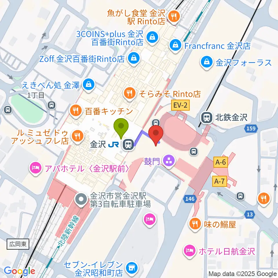 金沢駅東もてなしドーム地下広場の最寄駅金沢駅からの徒歩ルート（約1分）地図