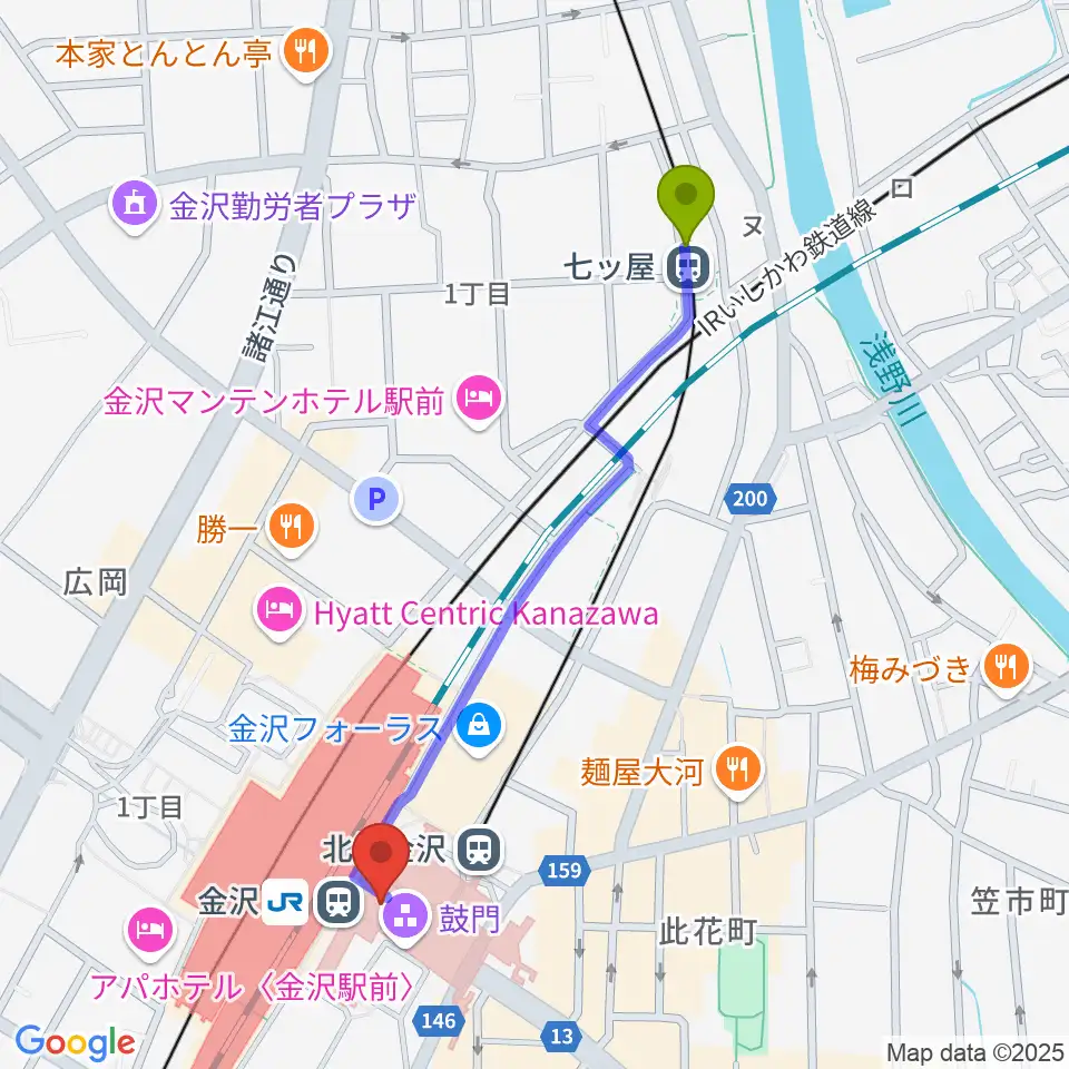 七ツ屋駅から金沢駅東もてなしドーム地下広場へのルートマップ地図