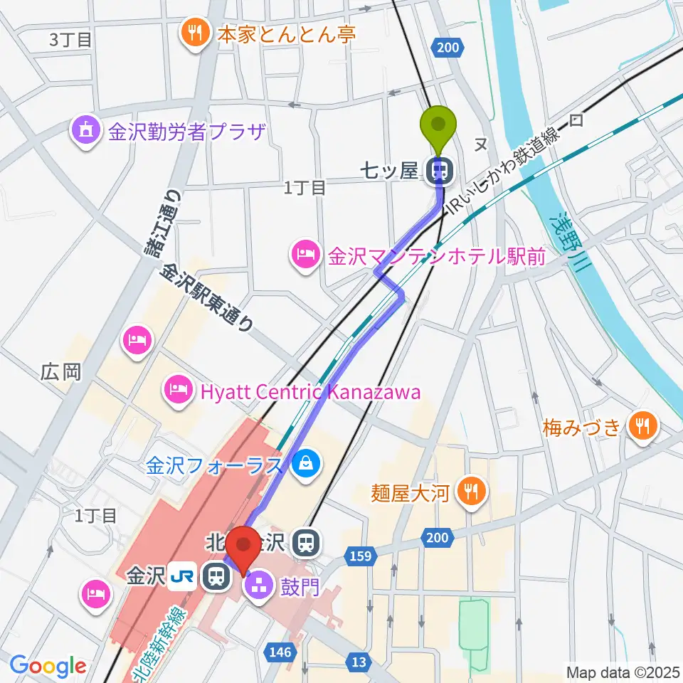 七ツ屋駅から金沢駅東もてなしドーム地下広場へのルートマップ地図