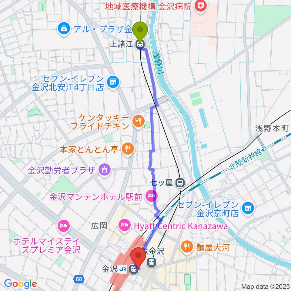 上諸江駅から金沢駅東もてなしドーム地下広場へのルートマップ地図