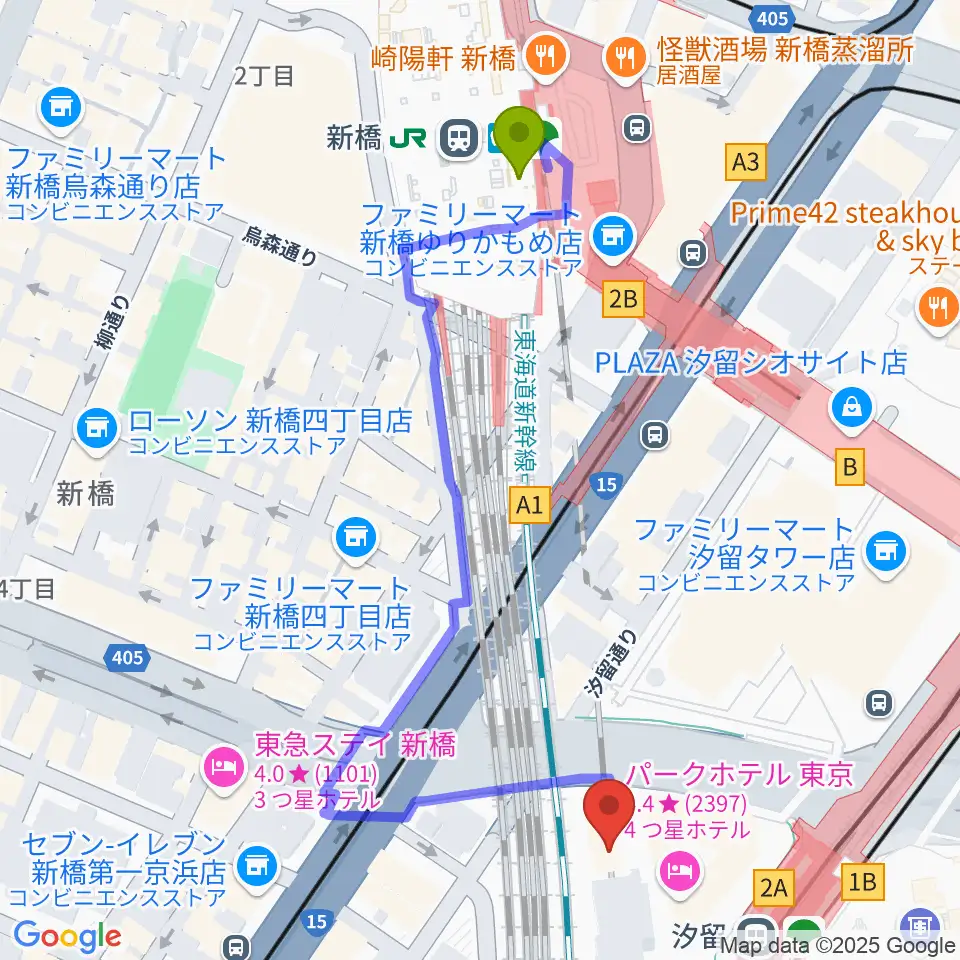 新橋駅から日仏文化協会 汐留ホールへのルートマップ地図