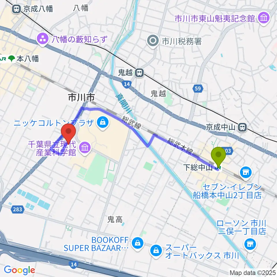 下総中山駅から市川市文学ミュージアムへのルートマップ地図