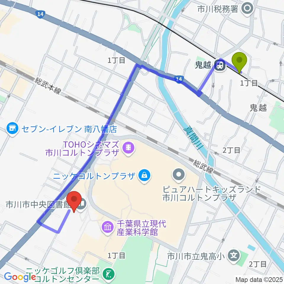 市川市文学ミュージアムの最寄駅鬼越駅からの徒歩ルート（約12分）地図